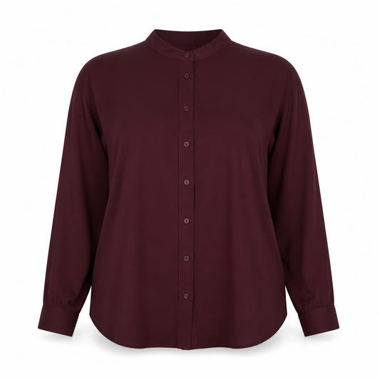 Front view of Warehouse women’s purple polyester basic blouse, size UK 12, collared