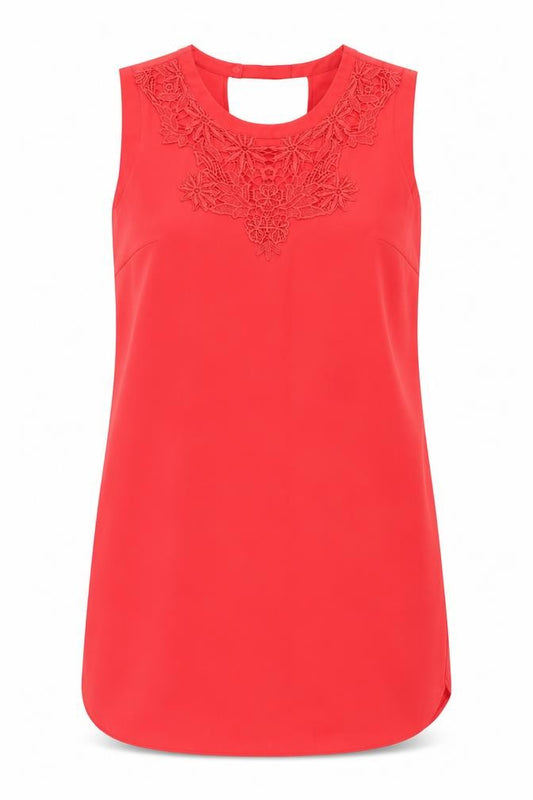 Front view of Oasis women’s red polyester a-line, size UK 12, round neck snap