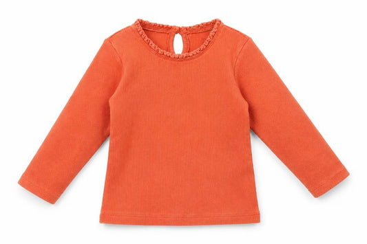Front view of Dunnes girls’ orange cotton basic t-shirt, size 12-18, months round neck button