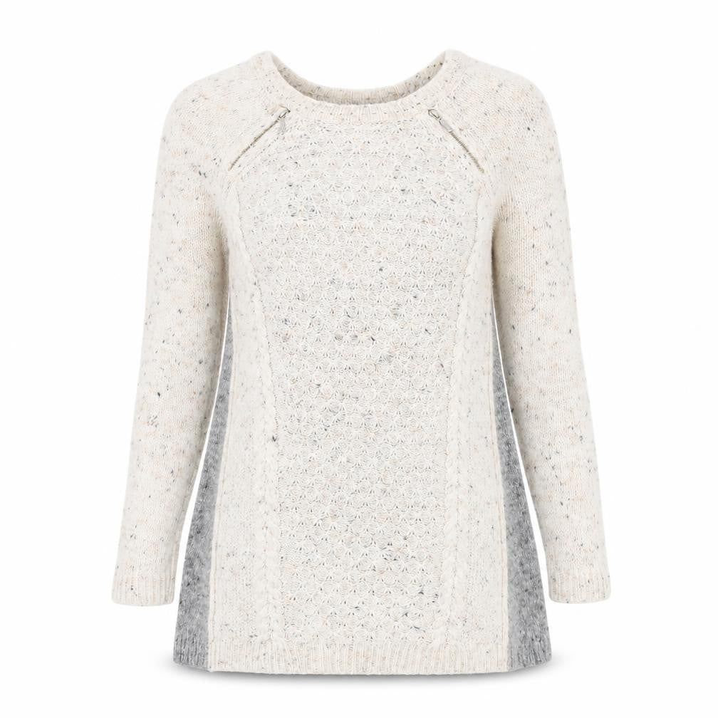 Front view of Marks & Spencer women’s grey round neck polyester jumper, size UK 8