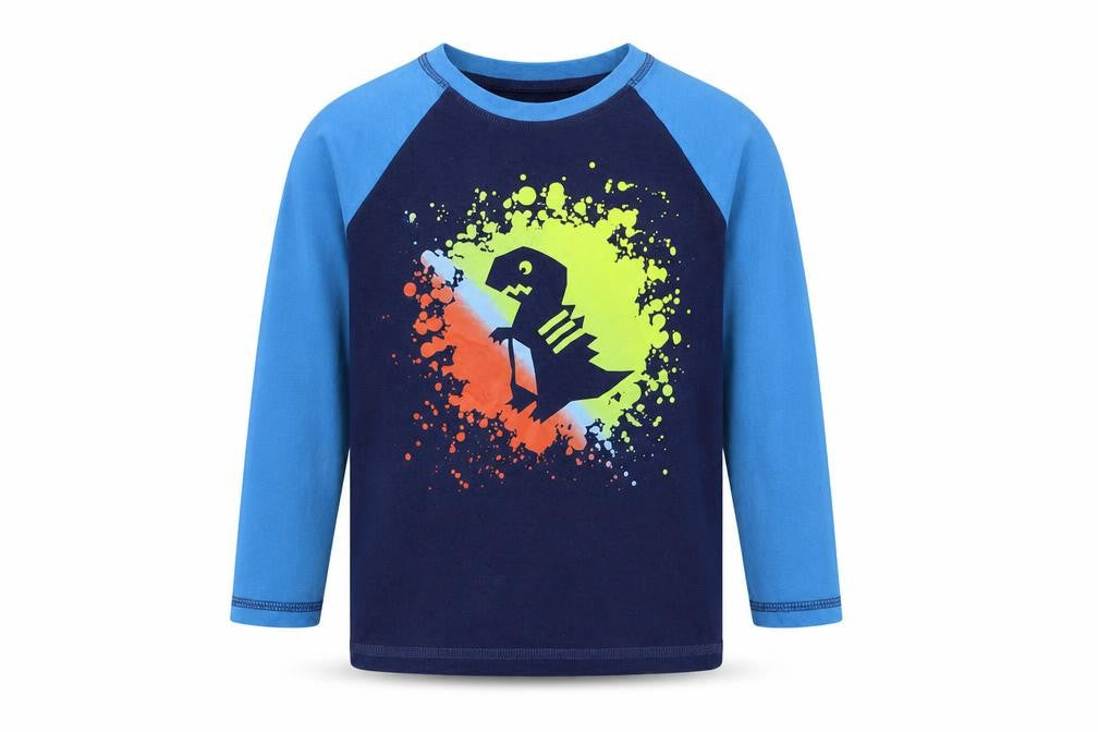 Front view of Studio boys’ blue colourblock cotton pullover t-shirt, size 7-8, years crew neck pullover - dinosaur