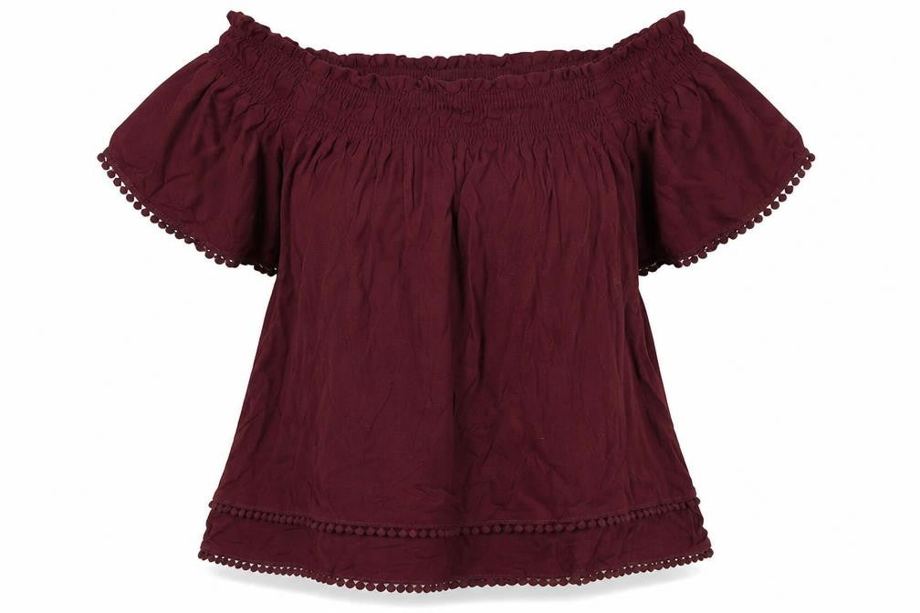 Front view of New Look women’s purple viscose basic blouse, size UK 10, off the shoulder