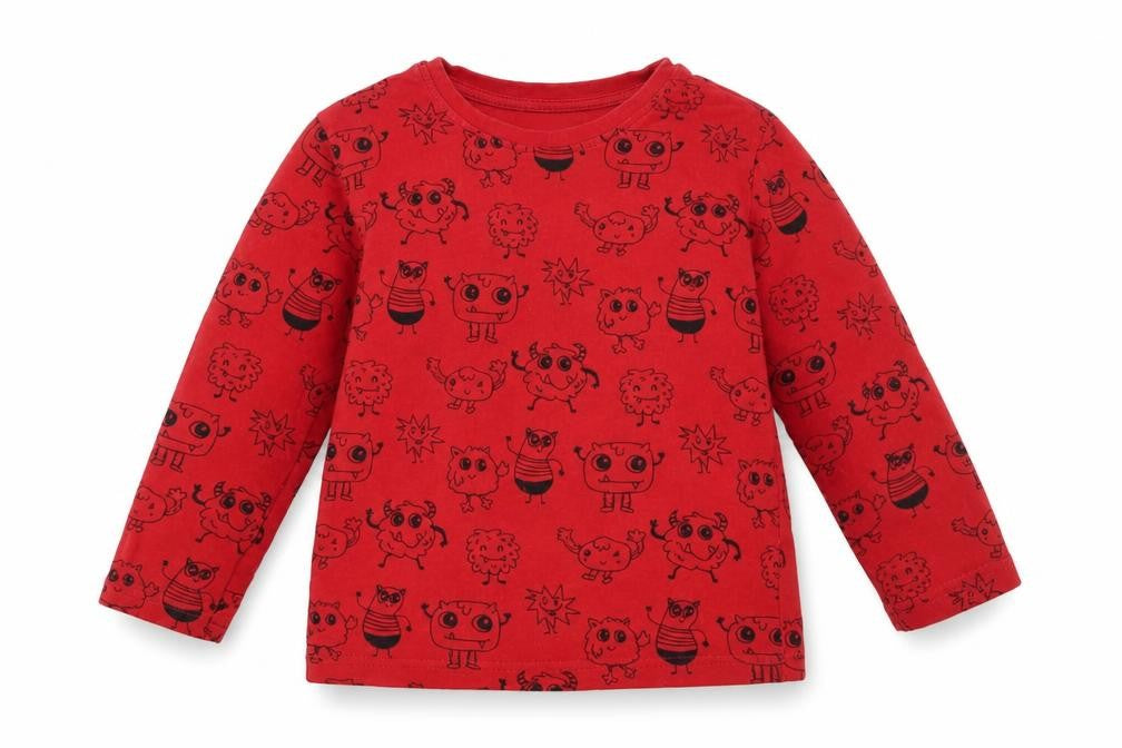 Primark Girls Red Geometric Cotton Pullover T-Shirt Size 3-4 Years Crew Neck Pullover - Cute Monsters