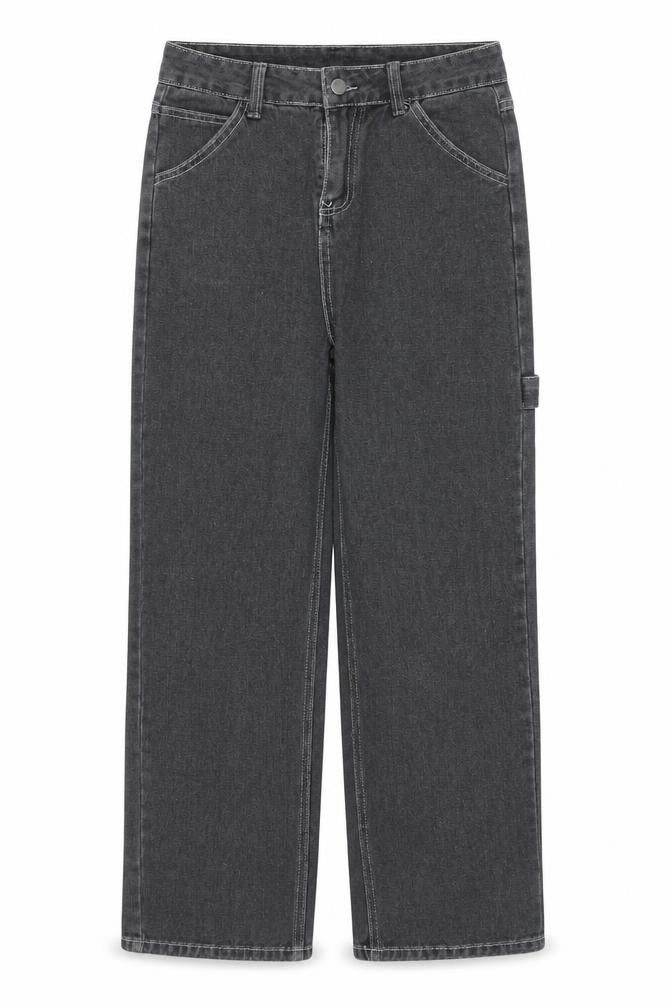 Front view of women’s grey polyester straight jeans, size L, 26-inch leg regular zip