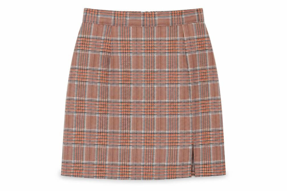 Front view of Cutie women’s orange plaid polyester a-line skirt, size UK 8, zip