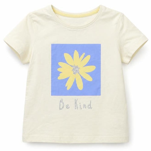 Primark Girls Beige Cotton Basic T-Shirt Size 3-4 Years Round Neck Pullover - Be Kind Flower