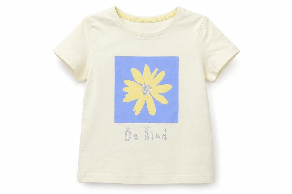 Primark Girls Beige Cotton Basic T-Shirt Size 3-4 Years Round Neck Pullover - Be Kind Flower