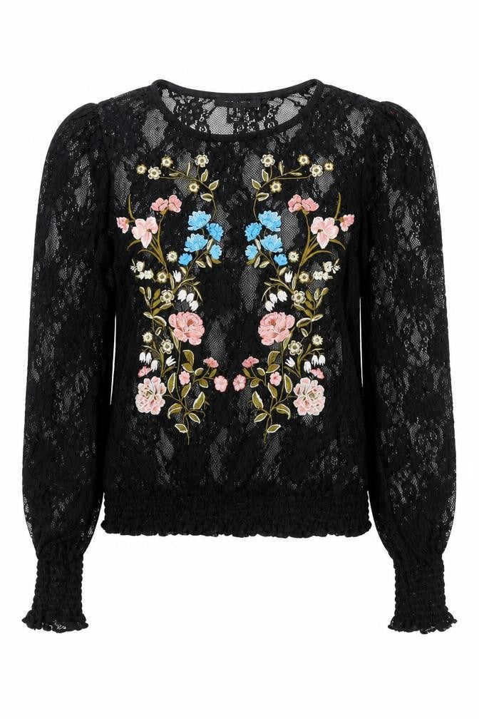 Front view of New Look women’s black floral polyamide basic blouse, size UK 6, round neck