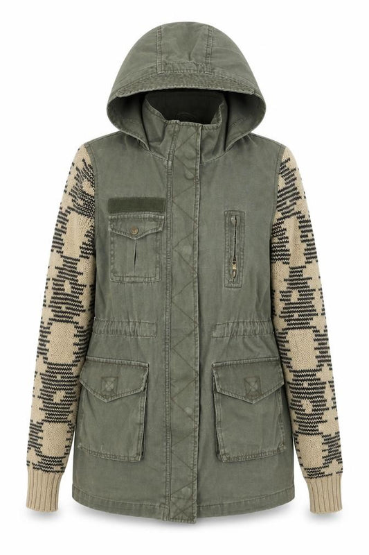 Front view of River Island women’s green geometric parka coat, size UK 6, zip