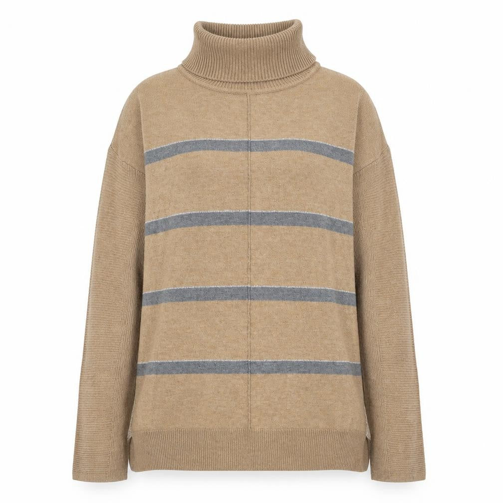 Front view of Next women’s brown roll neck striped cotton jumper, size UK 6