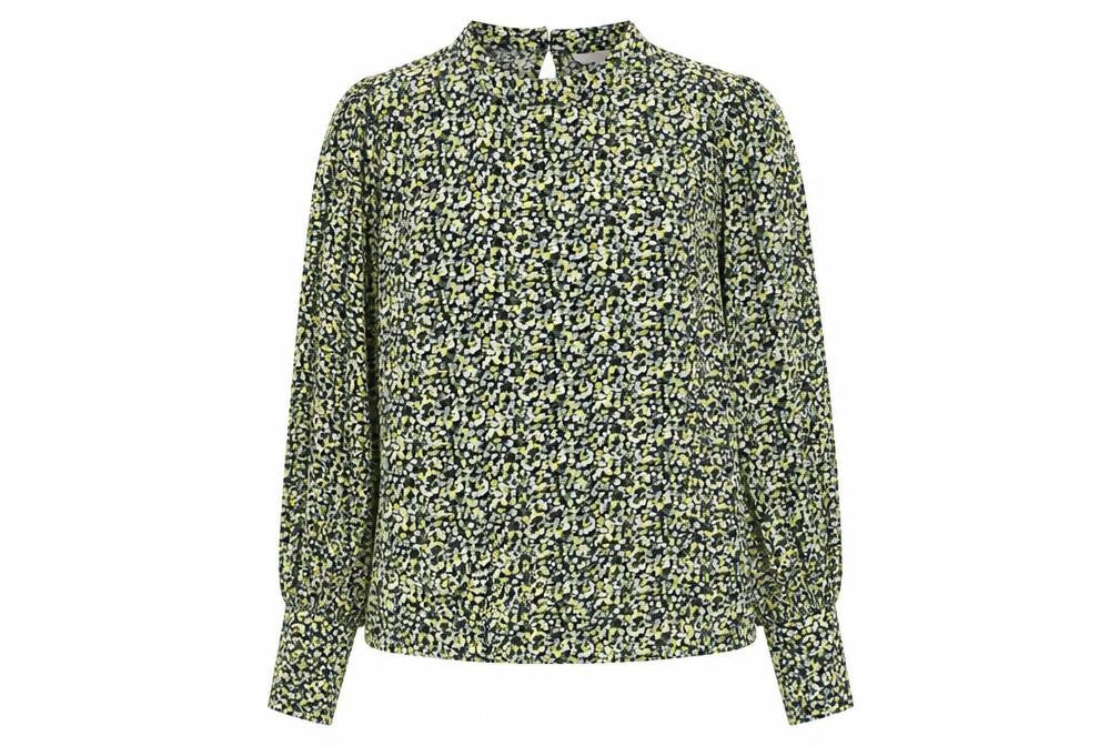 Front view of H&M women’s green floral viscose basic blouse, size M, round neck