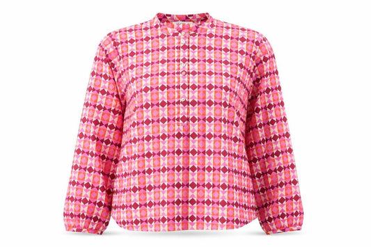 Front view of Gallery women’s pink geometric polyester basic button-up, size UK 10, round neck
