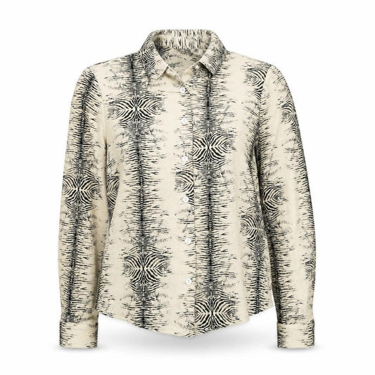 Front view of Debenhams women’s beige animal print polyester basic button-up, size UK 8, collared