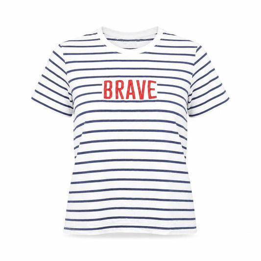 Front view of Springfield women’s white striped polyester basic t-shirt, size L, round neck - brave