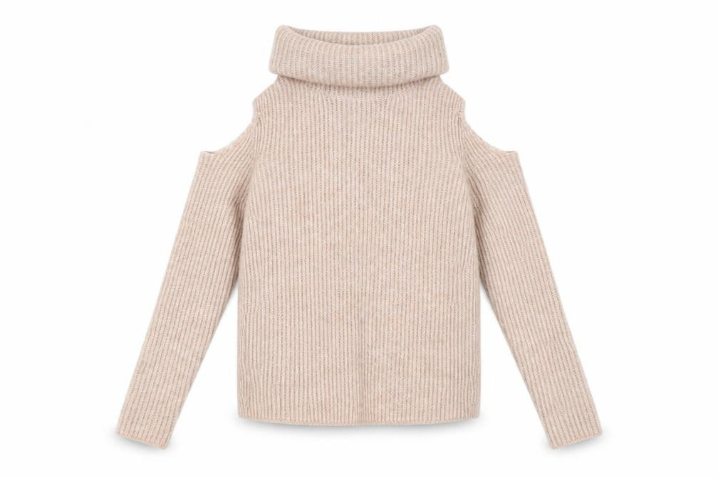 Front view of New Look women’s beige roll neck polyester jumper, size UK 4, - cold shoulder