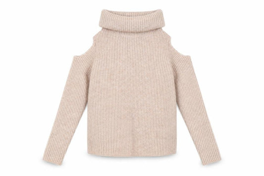 Front view of New Look women’s beige roll neck polyester jumper, size UK 4, - cold shoulder