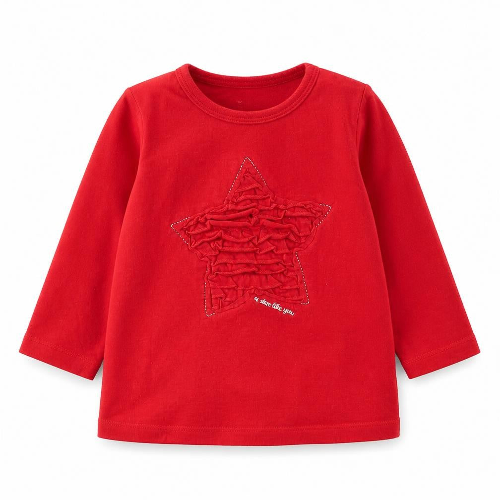 Front view of Preworn Baby Red Cotton Basic T-Shirt, size 6-9, Months Round Neck Pullover - Star