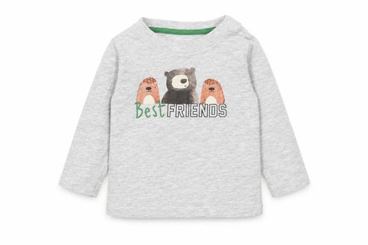 Front view of Primark Baby Grey Polyester Basic T-Shirt, size 6-9, Months Round Neck Pullover - Best Friends