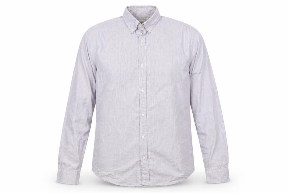 Front view of Industrie men’s purple striped cotton button-up, size M, collared button