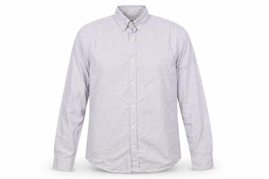 Front view of Industrie men’s purple striped cotton button-up, size M, collared button