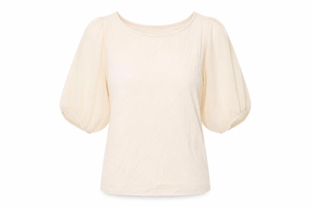 Front view of River Island women’s beige viscose basic blouse, size UK 10, boat neck