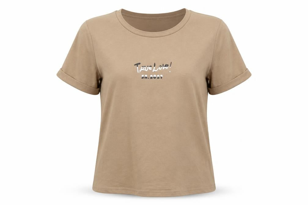 Front view of SHEIN women’s brown polyester basic t-shirt, size S, round neck - true love