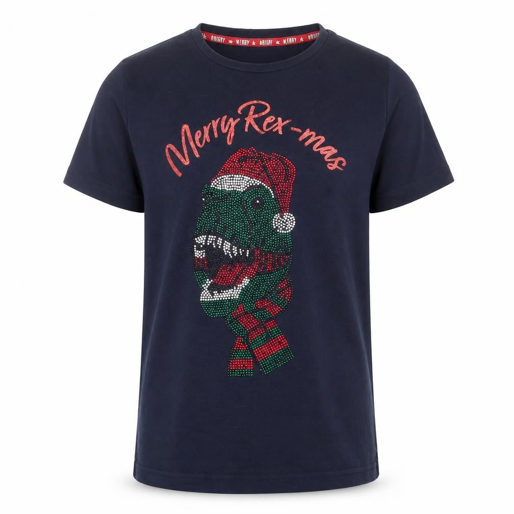 Front view of Tu boys’ blue cotton basic t-shirt, size 9, years crew neck pullover - merry rex-mas