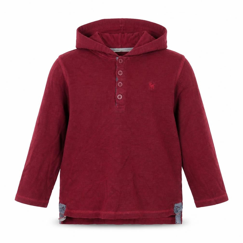 Front view of Debenhams boys’ red cotton pullover hoodie, size 6-7, years button