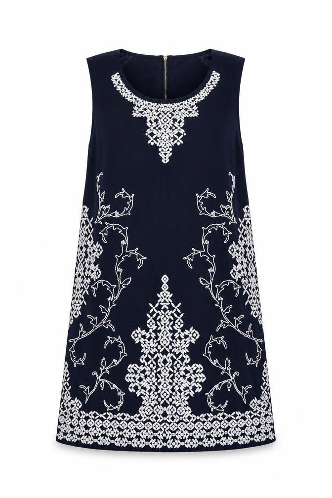 Front view of Next women’s blue geometric polyester a-line, size UK 10, scoop neck zip
