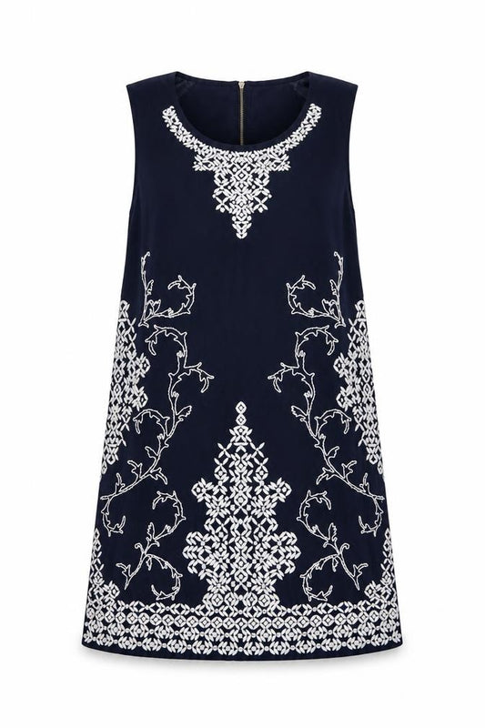 Front view of Next women’s blue geometric polyester a-line, size UK 10, scoop neck zip
