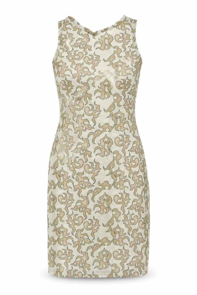 Front view of PRETTYLITTLETHING women’s beige geometric polyester bodycon, size UK 4, round neck pullover