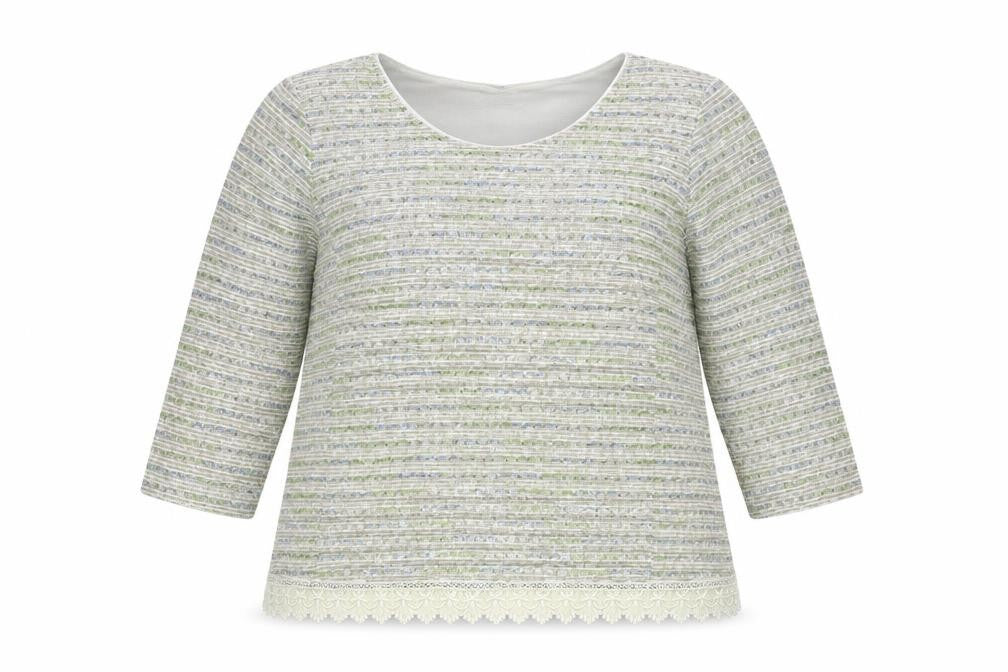 Front view of Marks & Spencer women’s grey round neck striped polyester jumper, size UK 18, - lace trim