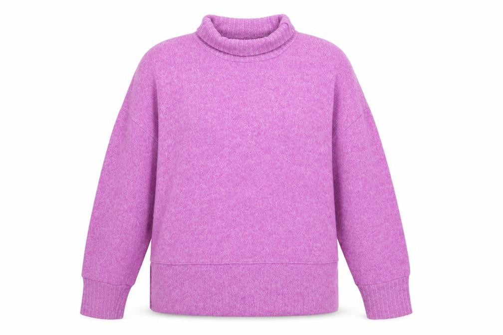 Front view of Dunnes women’s purple roll neck polyester jumper, size M