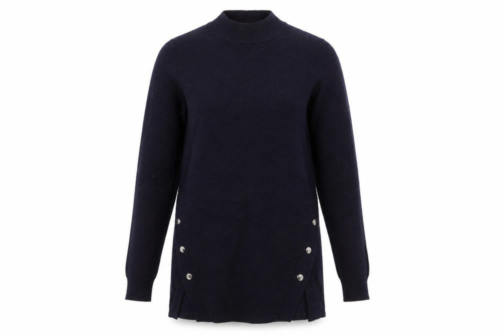 Front view of F&F women’s blue mock neck polyester jumper, size UK 6