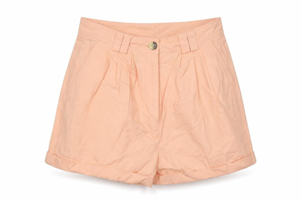 Front view of ASOS women’s orange cotton hot pants shorts, size UK 10, regular button