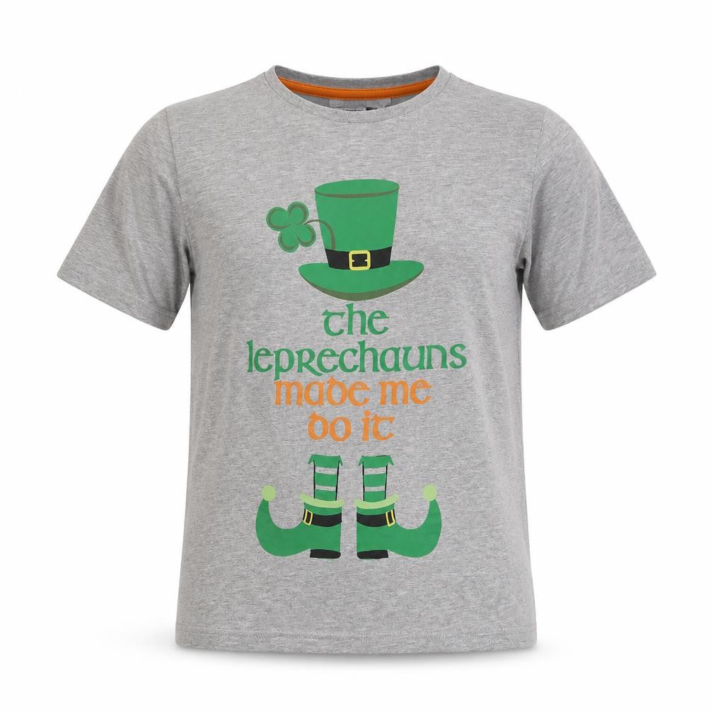 Front view of Pep&Co boys’ grey cotton basic t-shirt, size 10-11, years round neck pullover - leprechauns