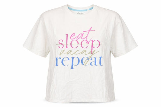 Front view of F&F women’s white cotton basic t-shirt, size UK 6, round neck - eat sleep vacay repeat