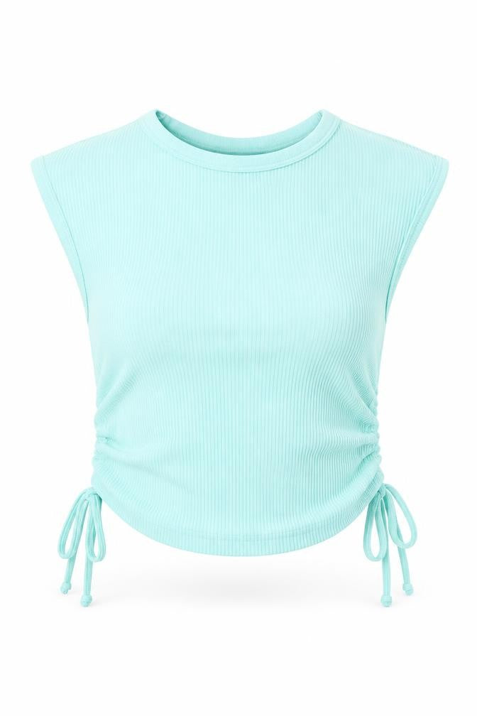 Front view of Dunnes women’s blue polyester cropped tank, size XS, round neck pullover - ruched sides