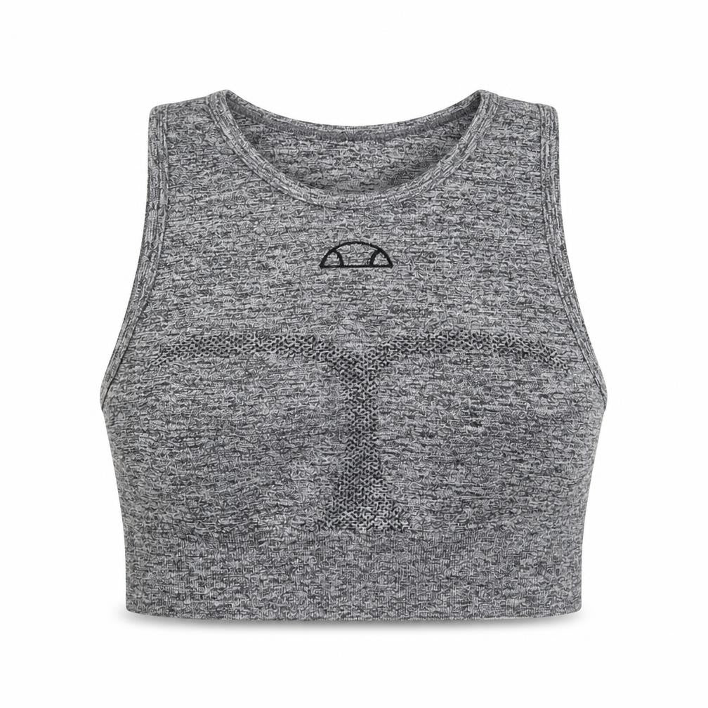 Front view of Ellesse women’s grey polyester cropped tank, size UK 6, round neck pullover