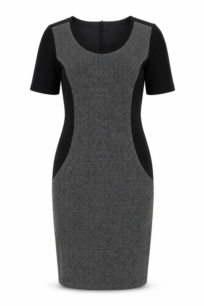 Front view of Next women’s black polka dot polyester bodycon, size M, round neck