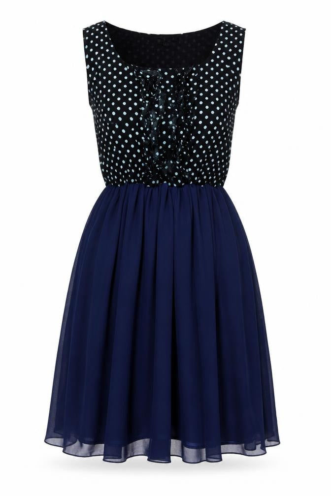 Angel Eye Womens Blue Polka Dot Polyester Fit & Flare Size L Scoop Neck