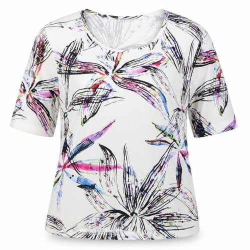 Blanchelle Womens Ivory Floral Viscose Basic T-Shirt Size 6 Scoop Neck