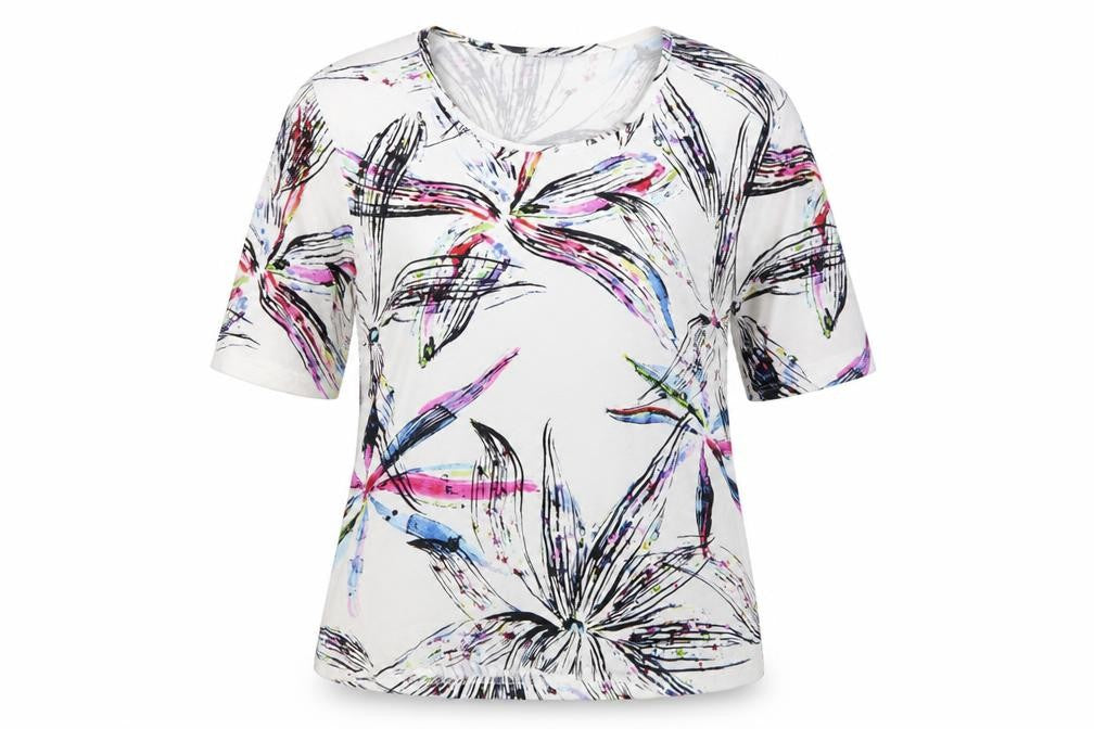 Blanchelle Womens Ivory Floral Viscose Basic T-Shirt Size 6 Scoop Neck