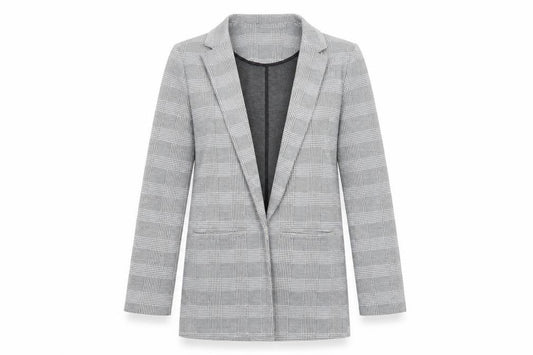 Front view of New Look women’s grey plaid jacket blazer, size UK 10