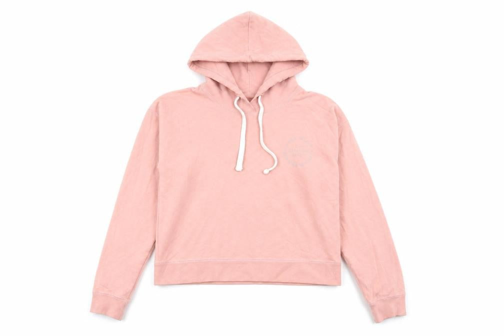 Front view of Jack Wills women’s pink cotton pullover hoodie, size UK 6, pullover