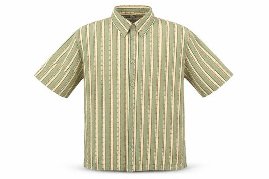 Front view of Essentials men’s multicoloured striped polyester button-up, size S, collared button