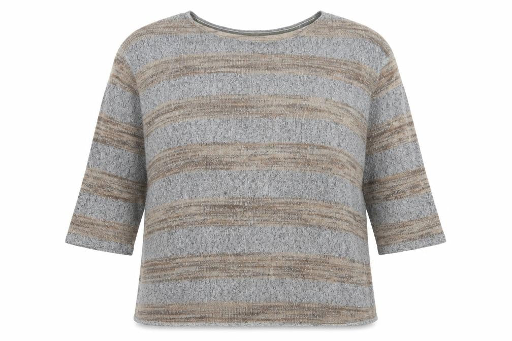 Front view of F&F women’s grey round neck striped polyester jumper, size UK 16