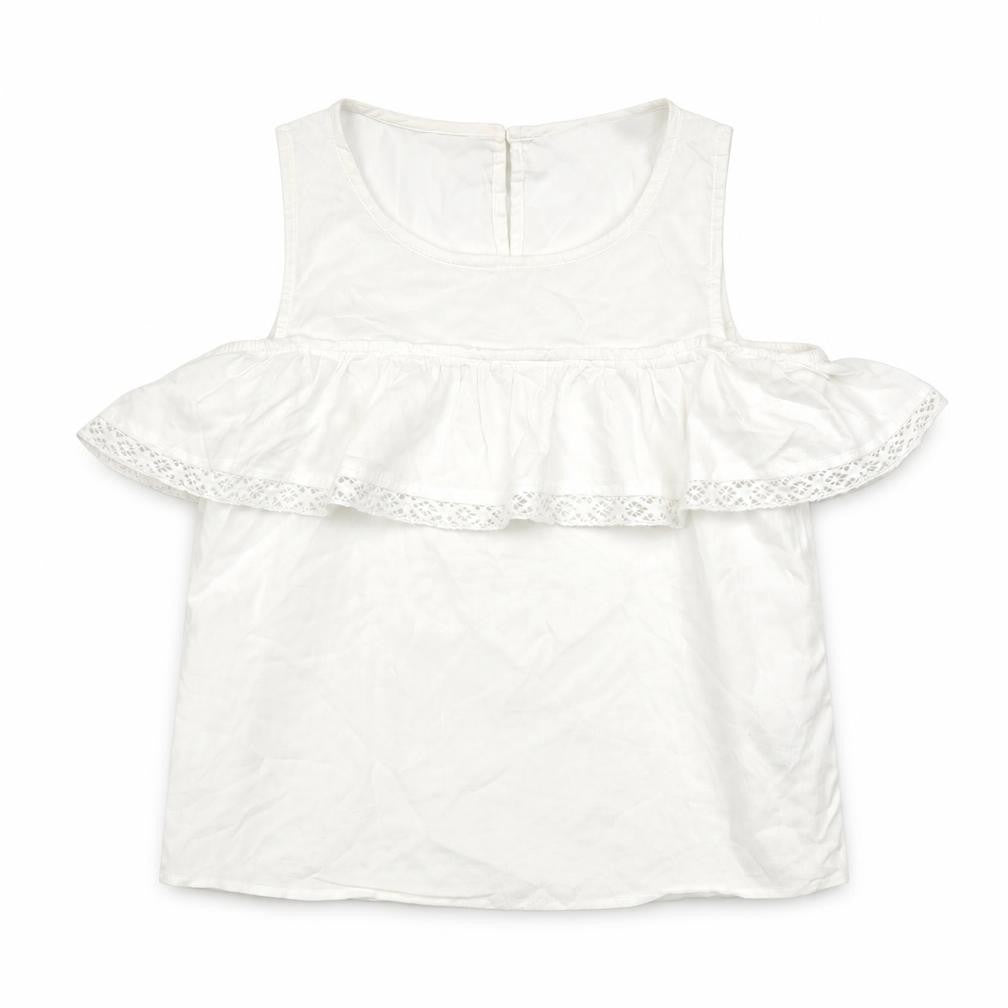 Front view of H&M girls’ white viscose basic tank, size 9-10, years round neck button