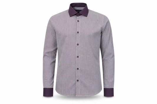 Front view of River Island men’s purple check cotton button-up, size S, collared button
