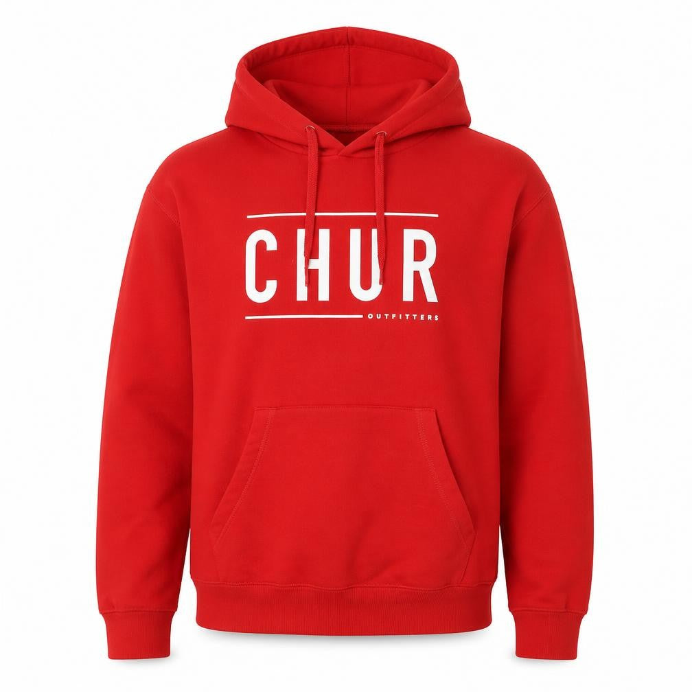 Front view of Chur Outfitters men’s red polyester pullover hoodie, size S